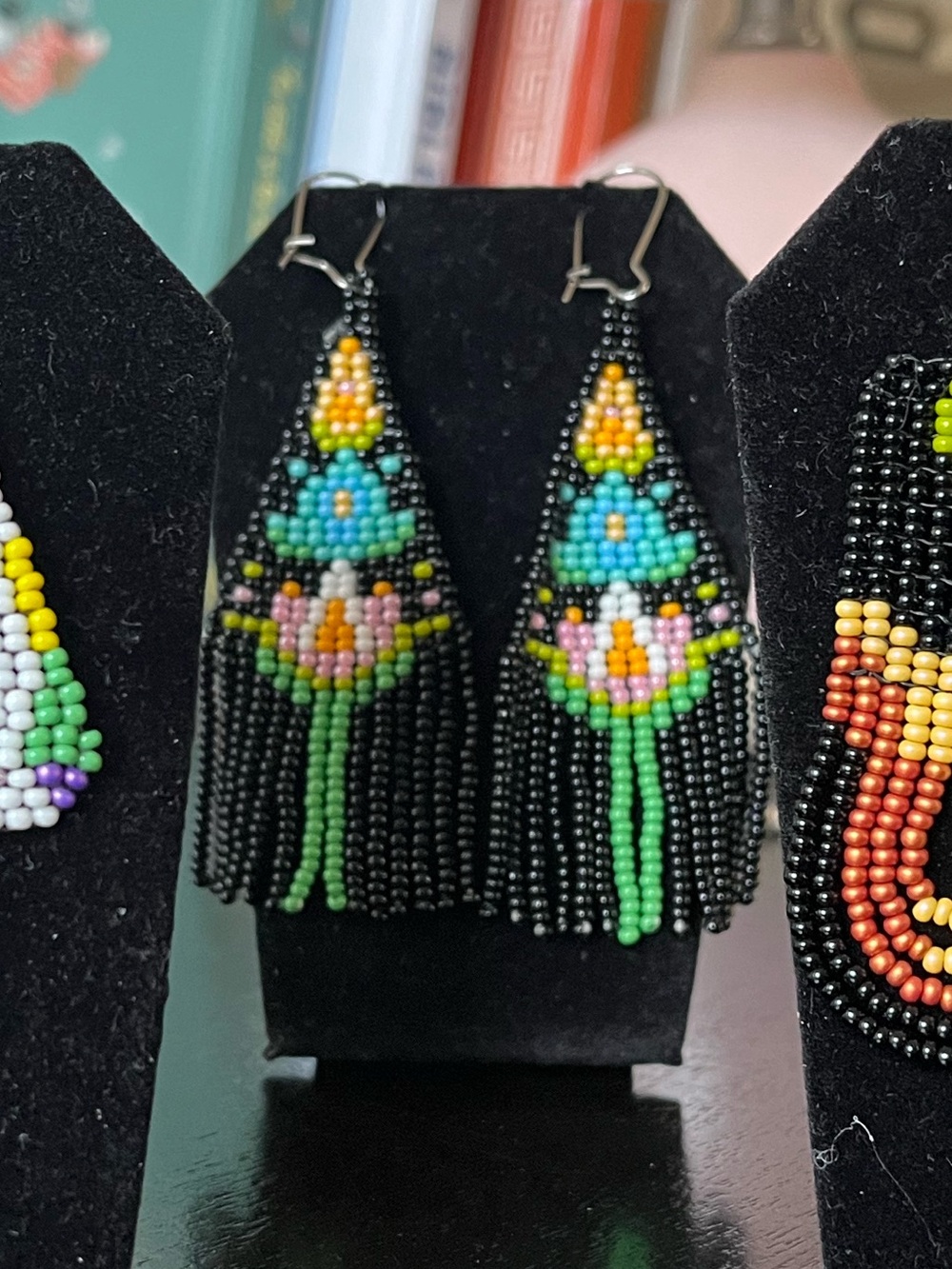 Folk Floral Earrings - Seed Beads - Fringe - Picture 2 of 2